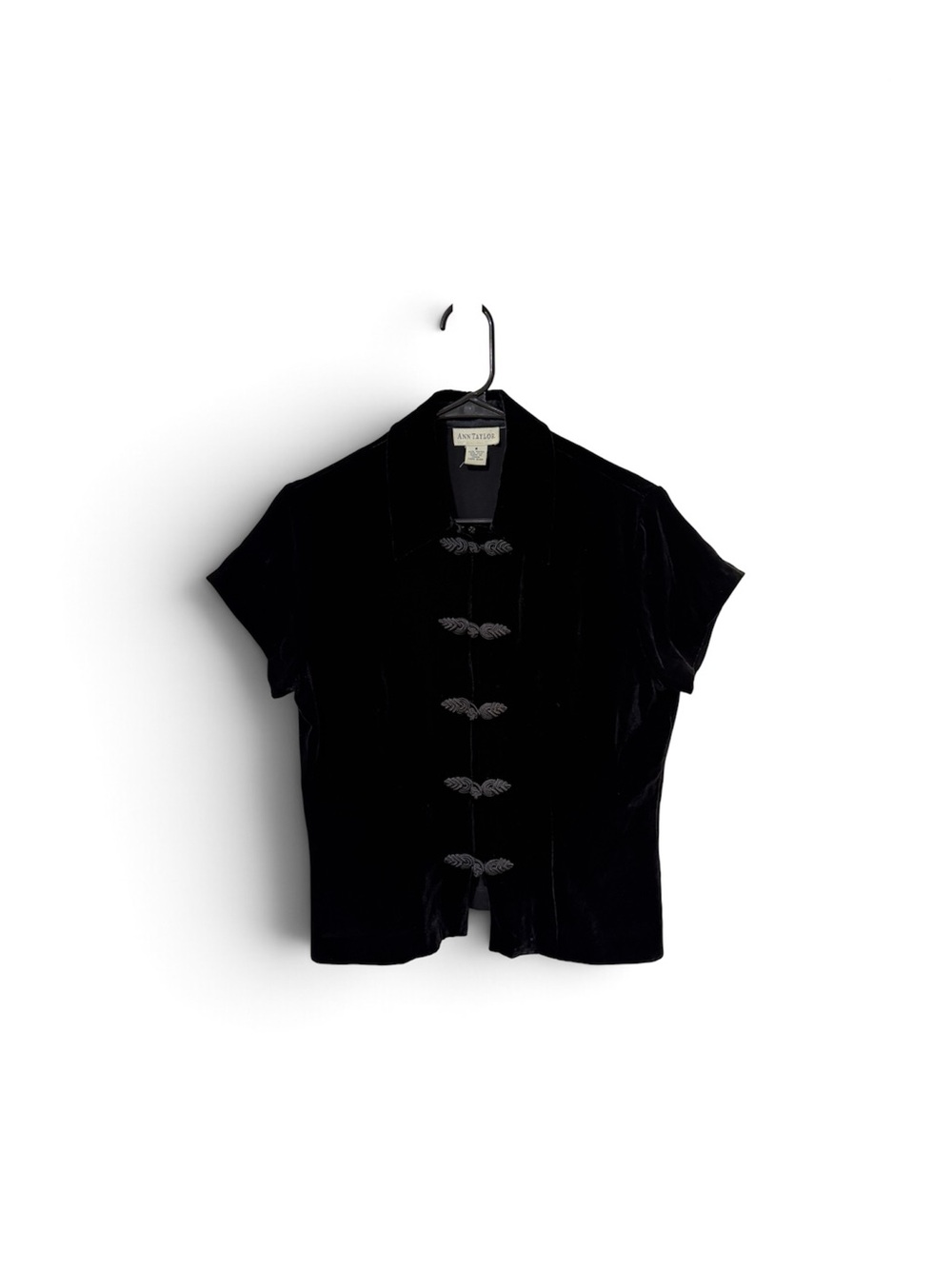 Ann Taylor Black Velvet Short Sleeve Blouse with Frog Closures